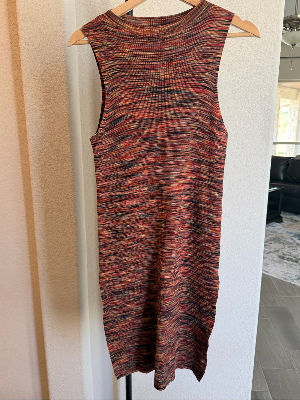 Anthropologie Multicolored Ribbed Knit Midi Tunic in Red, Orange & Blue Hues S